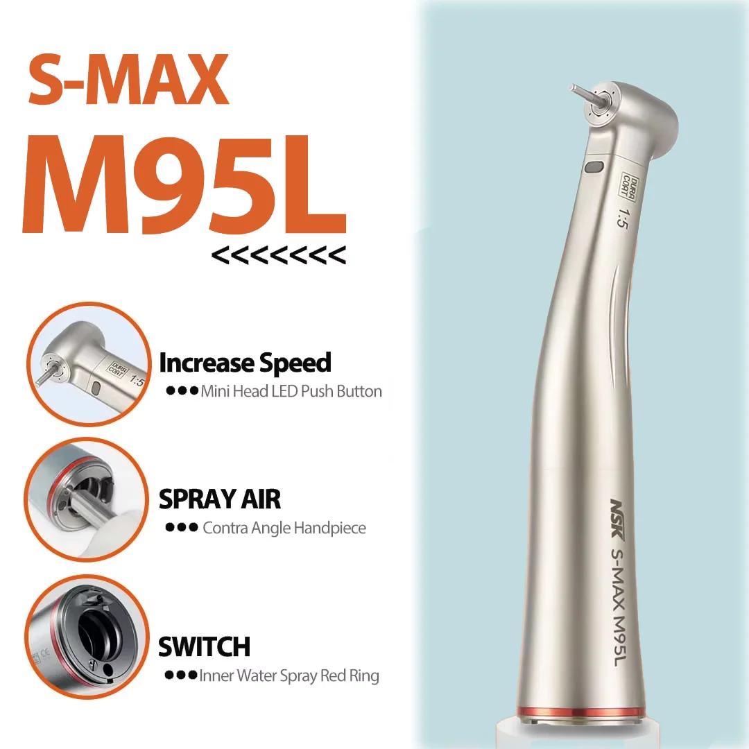 NSK S-MAX M95L Optic Fiber 1:5 Increasing Speed Contra Angle Handpiece Red Rings contraangulo Spray Air On/Off Switch Dental