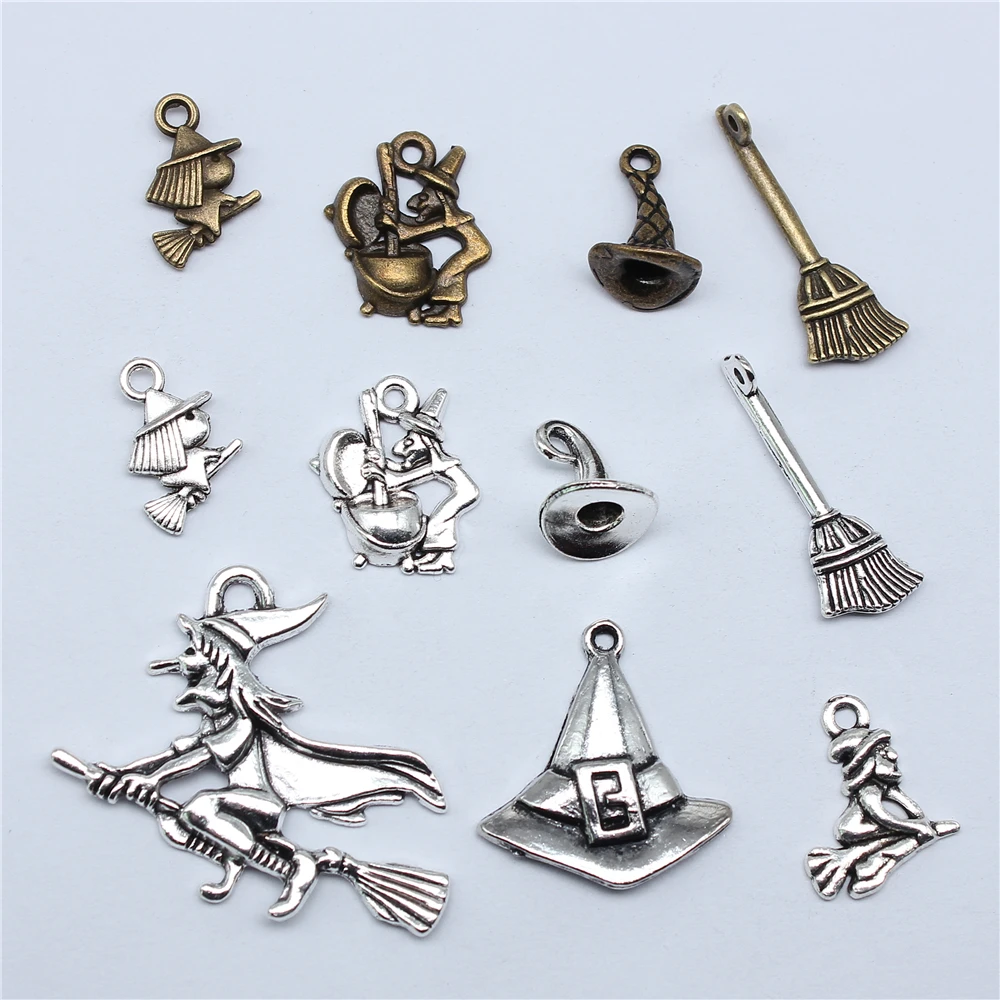 20pcs Halloween Witch Wizard Antique Bronze Silver Color Pendants DIY Findings Tibetan Jewelry