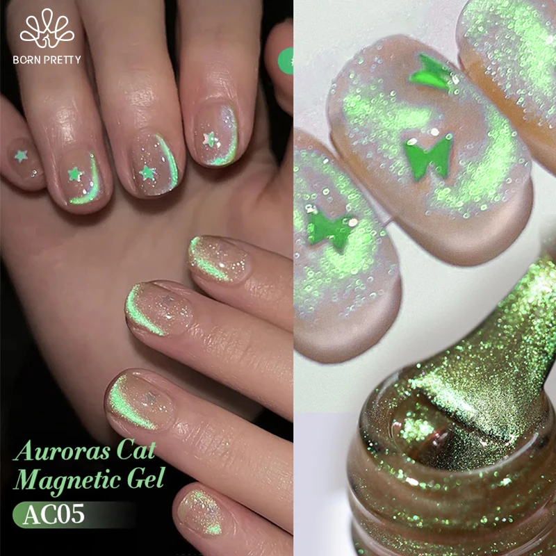 BORN PRETTY Auroras Mint Manbo Green Cat Magnetic Gel Nail Polish 10ml Semi Permanent Glimmer Crystal Magnet Nail Gel Polish