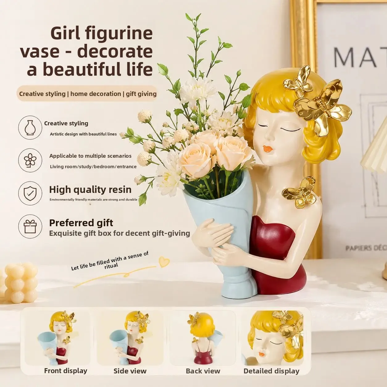 Retro Girl Shaped Vase Ornament Creative Ins Cream Style High Aesthetic Home Decor Accessory