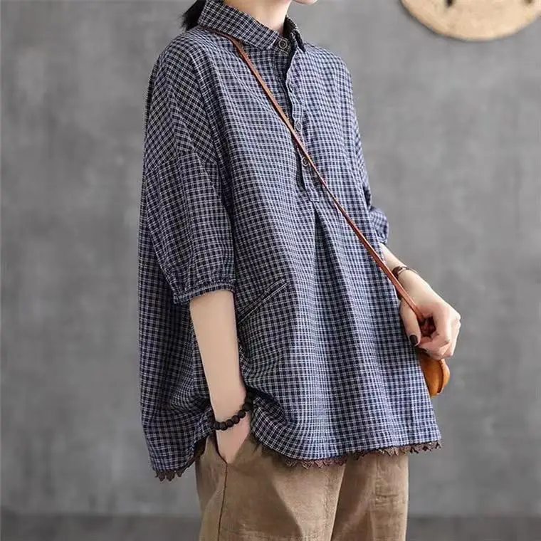 

plus Size Women's Plaid Cotton Linen irt Collar Button up Five Sve Head Lace Splicing Summer Casual Faion