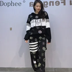 Black and White Colorblock Women Knitted Sets Hot Drilling Hooded Sweater Top + Elastic Waist Casual Sports Pants Knitting Suits