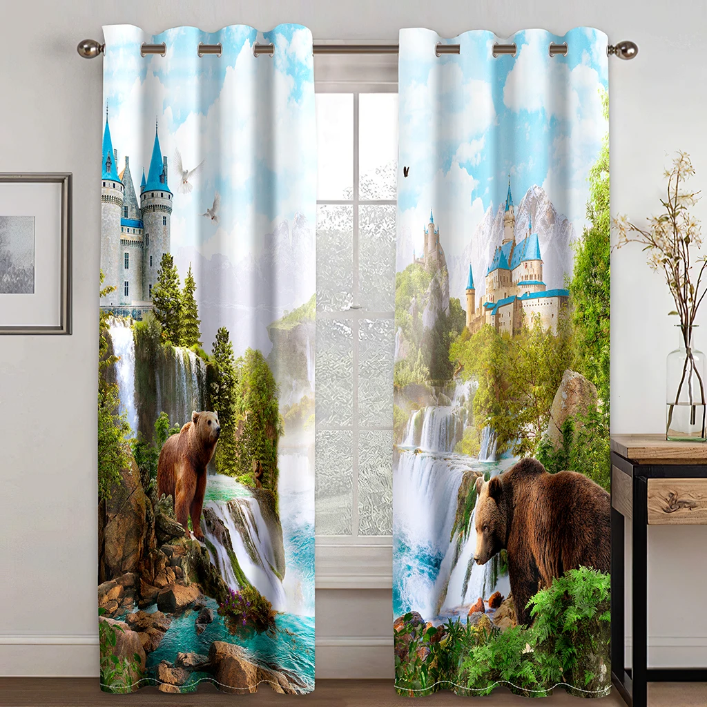 Castle Garden Landscape Manor Curtains Animal Bear Curtains 2 Panel Living Room Bedroom Balcony Kids Room Study Room Decor