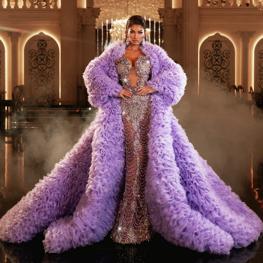 Vestidos de tule com babados inchados e exuberantes, jaqueta longa em camadas, malha exuberante, casaco feminino, kimino, vestido fotográfico feito sob encomenda