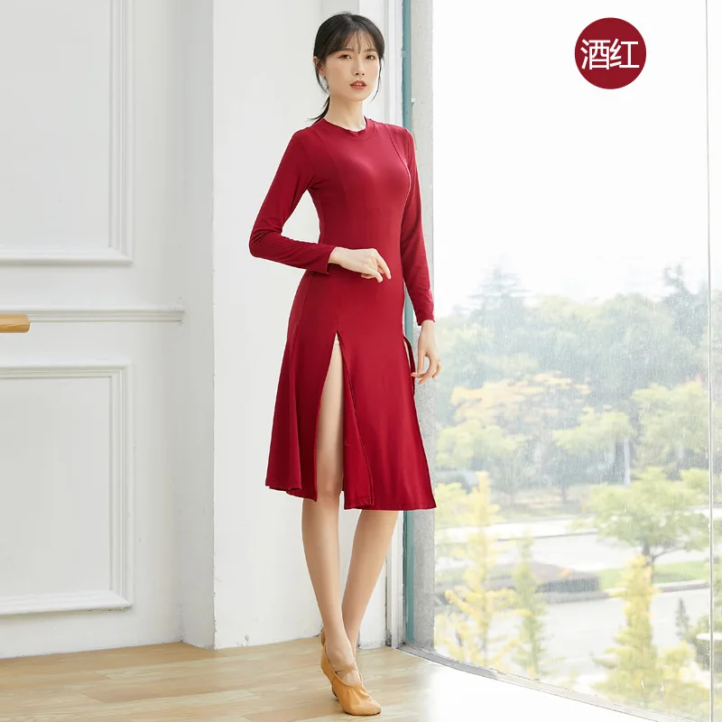 성인 연습복 라틴 댄스 드레스 섹시한 헴 슬릿 디자인 230g 두꺼운 모달 드레스