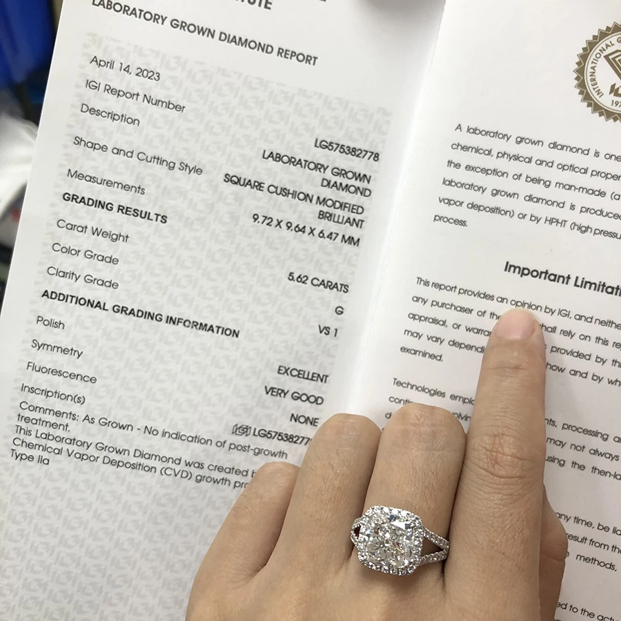 IGI Certificate CVD HPHT Lab Created  Diamond F VS 5.0Ct Cushion Cut Diamond Solitaire Ring 14k White Gold