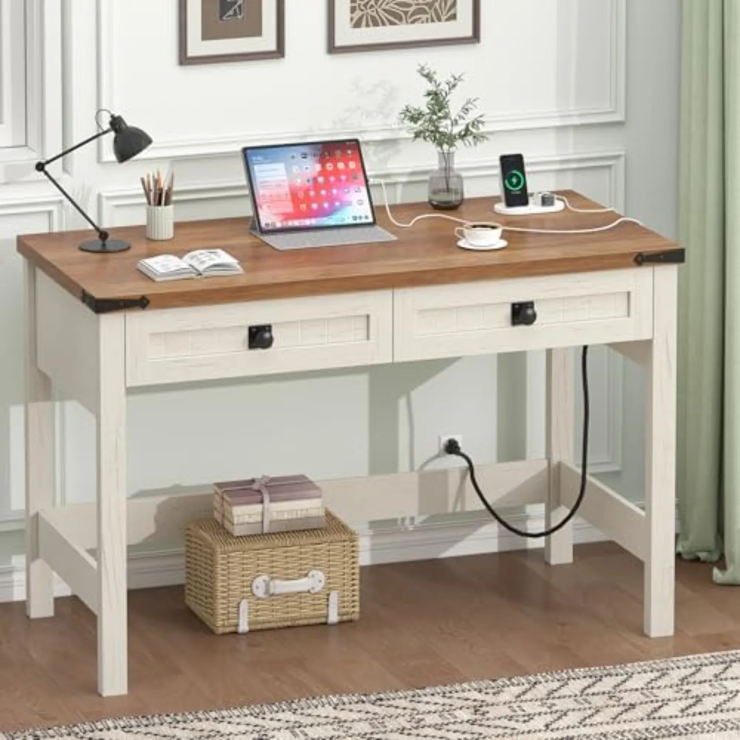 39 Inch Farmhouse Small Computer Desk with Drawers for Bedroom, Home Office | Small Office Computer Desk with 2 Drawers