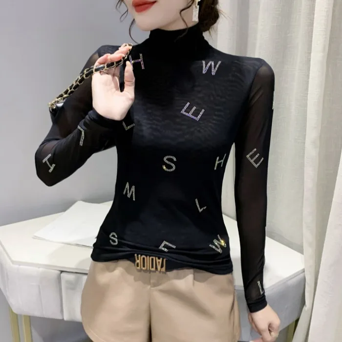 Women's High Collar Me Base irt Autumn Winter Tight Long Sve T-irt Korean Sle Commute Faion Inner Wear Top
