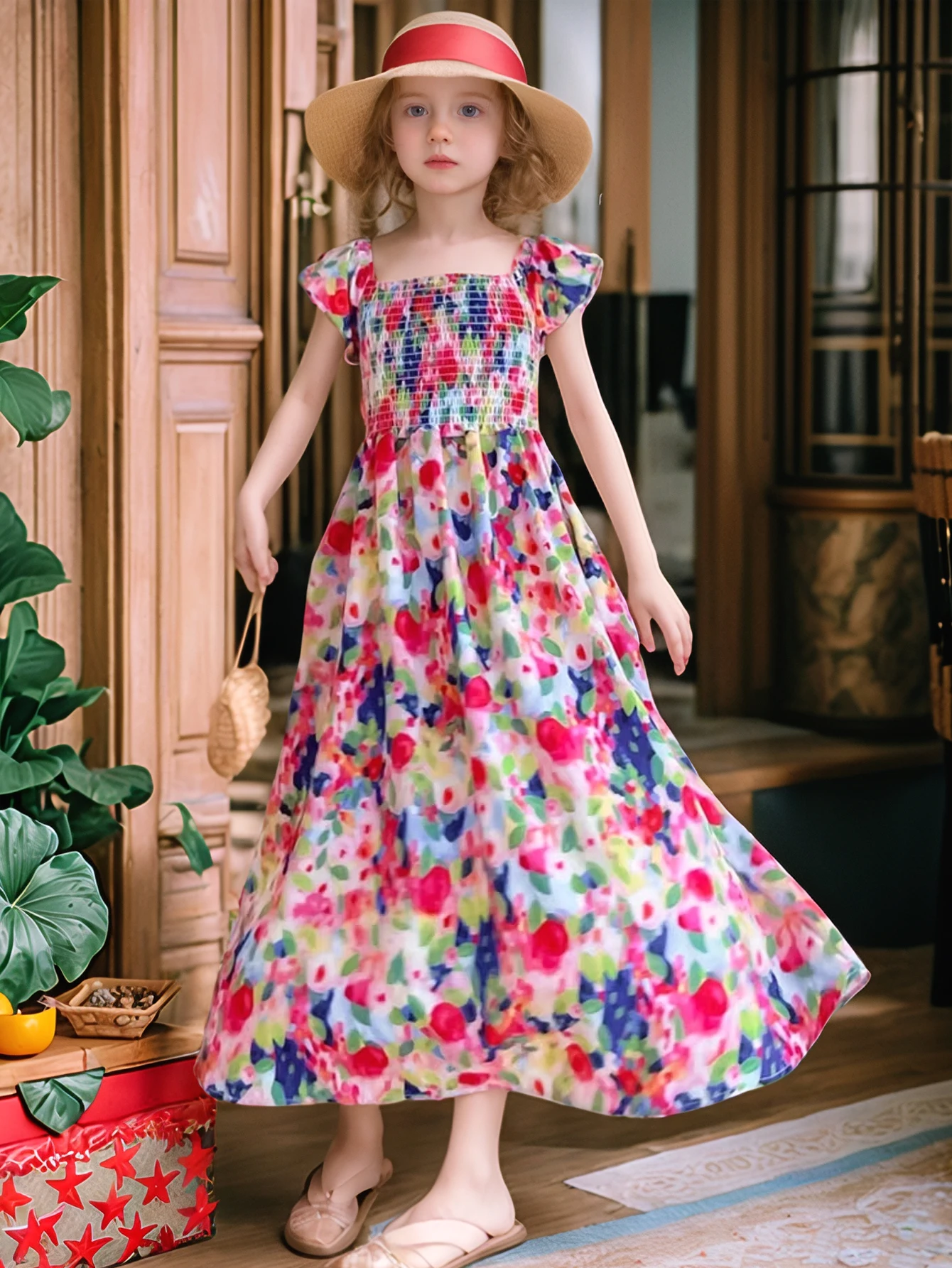 Kinderkleidung für Mädchen, süße und niedliche lange Frühlings- und Sommerkleider, kurzärmelige Strandurlaubskleider, florale lange Kleider