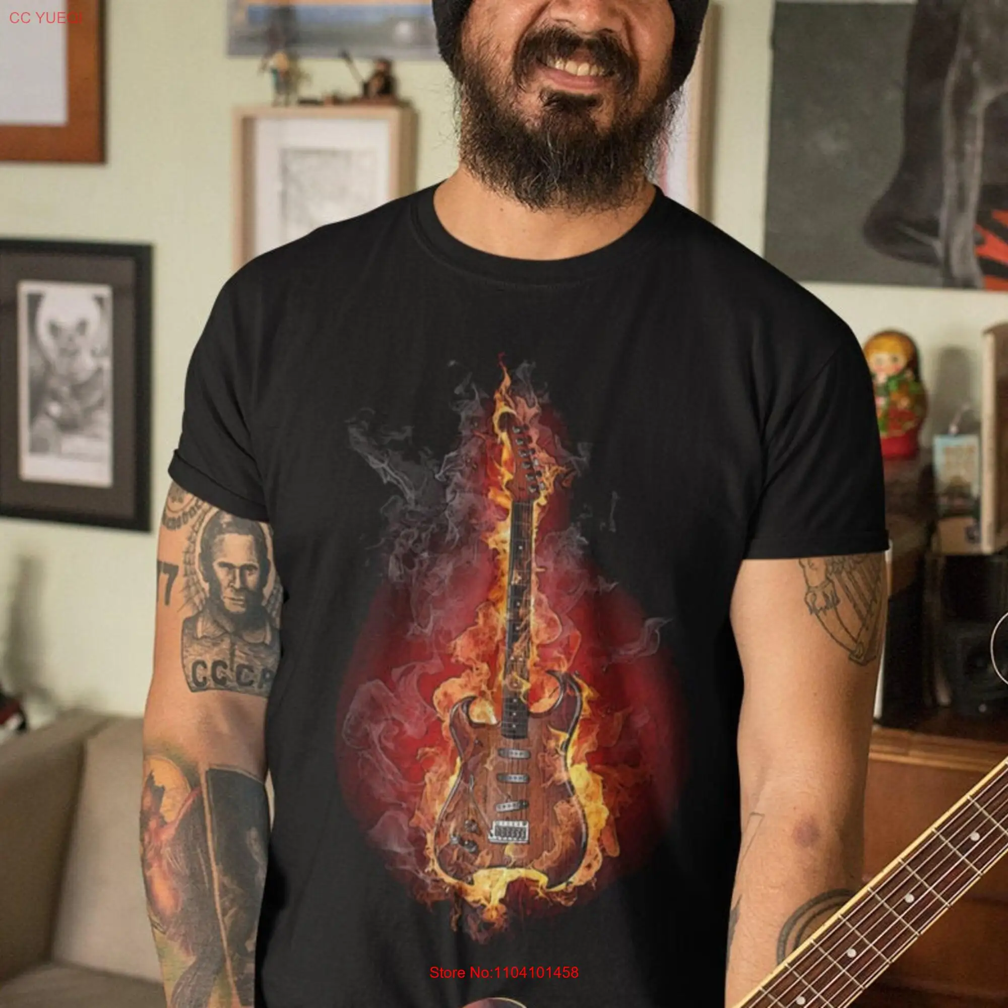 Electric Guitar on Fire T Shirt Rock Music Lover For Player TH830 Dad long or short sleeves