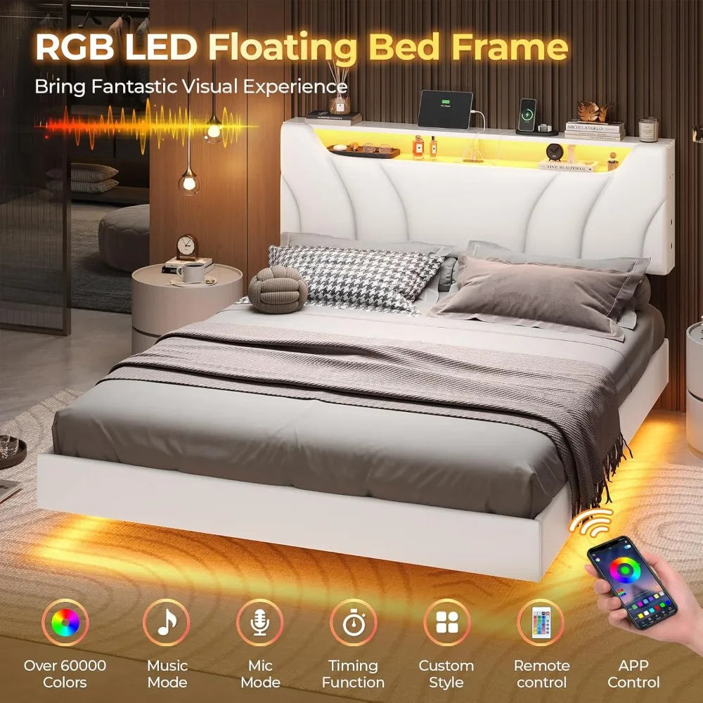 Hasuit Queen-Size-Bettgestell mit LED-Leuchten, USB- und Typ-C-Anschluss, LED-Queensize-Bettgestell mit Stauraum, Kopfteil aus Kunstleder