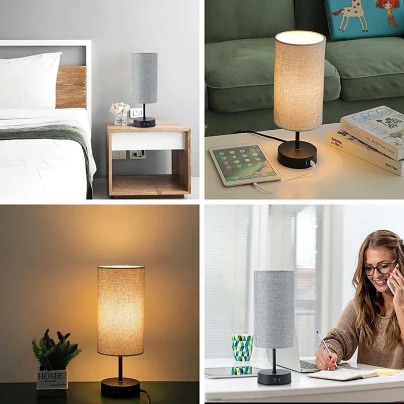 LED Table Lamp Usb+Type-C Night Light Three Level Dimming Study Bedroom Bedside Light Gray Cloth Cover Home Decor AC110-220V