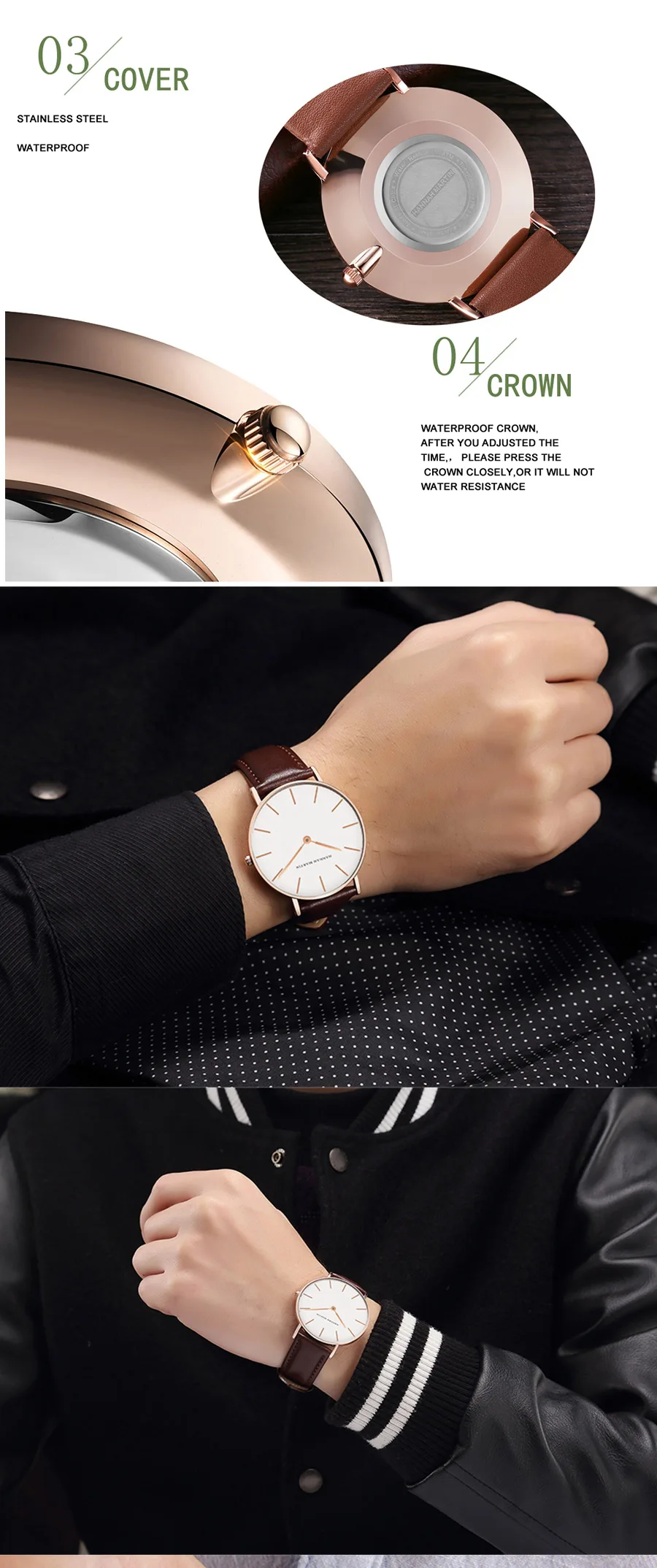 Hannah Martin Hochwertige Herrenuhr Mode Japan Quarz Armbanduhren Silber Braun Leder Quarzwerk Wasserdichte Uhr – Detail 9