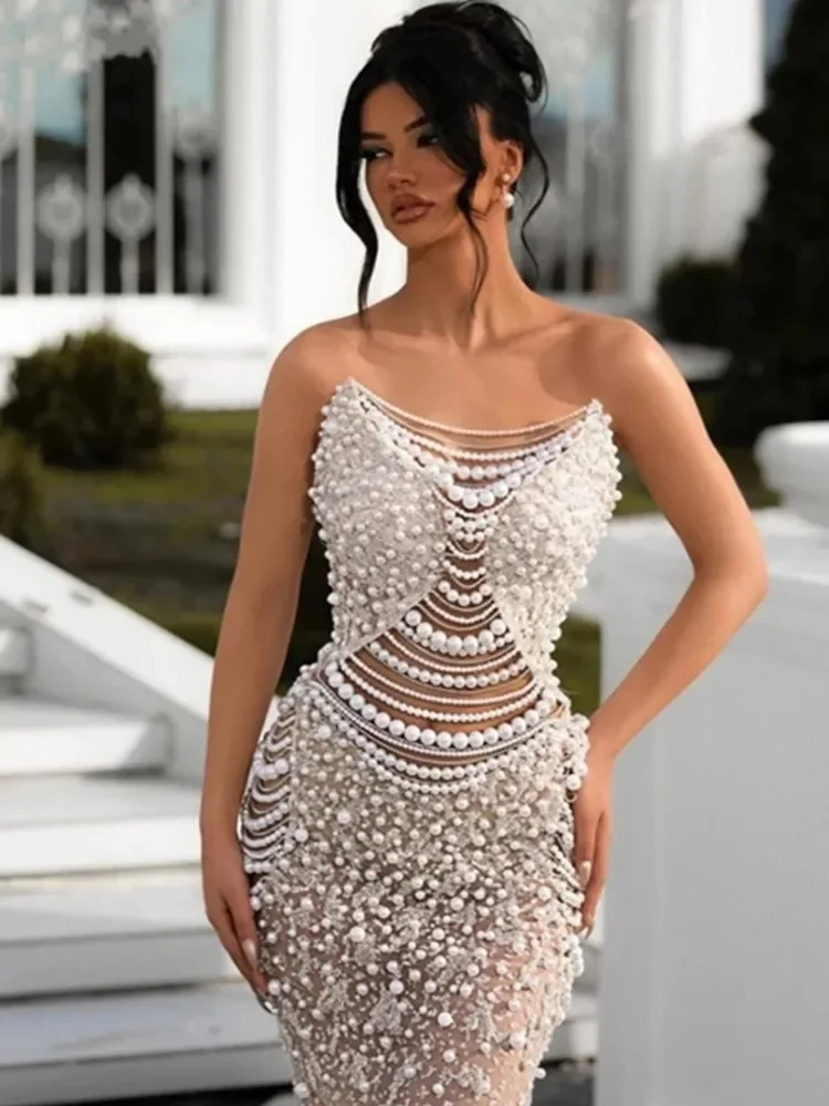 Vrouwen Parel Jurk Luxe Designer Strapless Maxi Lange Bodycon Celebrity Avondfeest Jurk Gala Jurken Activiteit Kleding