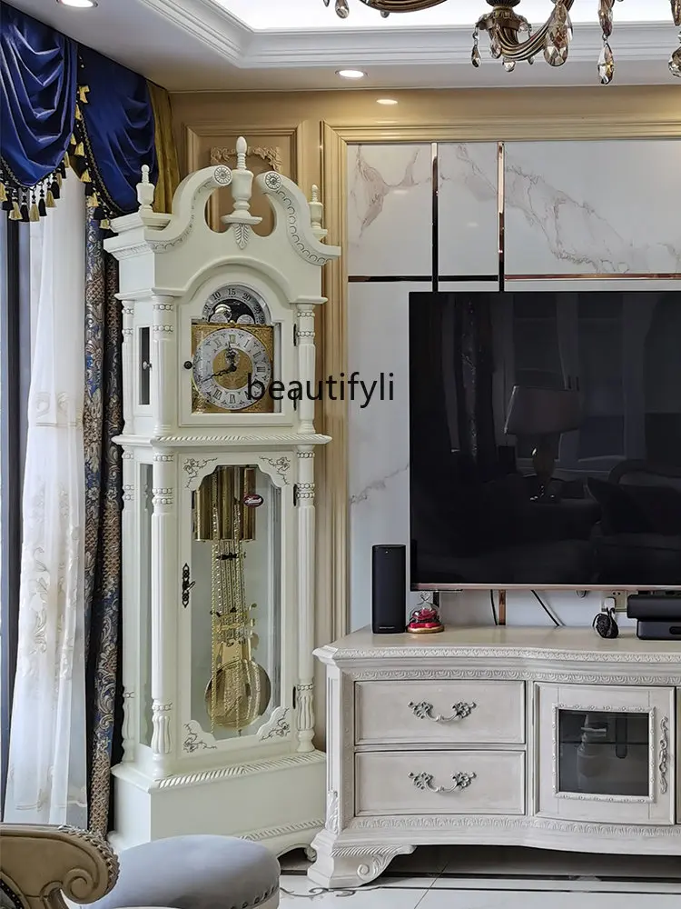 the Grandfather Clock Living Room Villa Retro Vertical Bell Polaris Mechanical Pendulum Clock Hermle White Clock Classical