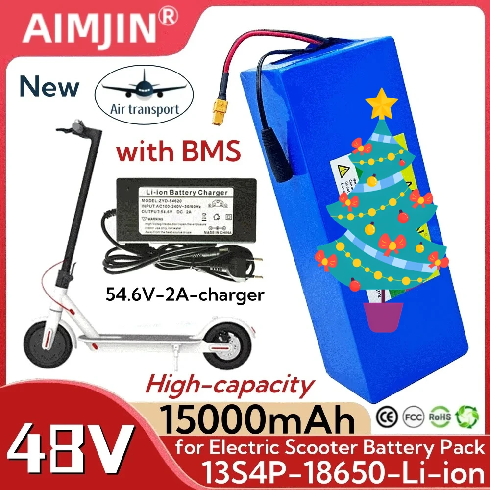 

48V 15Ah 13S4P 15000mAh Lithium-ion Battery Pack, 54.6V Charger, with BMS, Suitable for Electric Scooter Bicycle