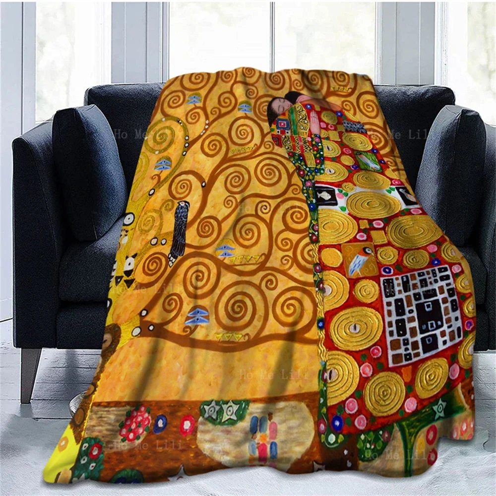 Fulfilment Love's Embrace Zodiac Art Nouveau Lady With Fan Colourful Flowers Classic Soft Cozy Flannel Blanket