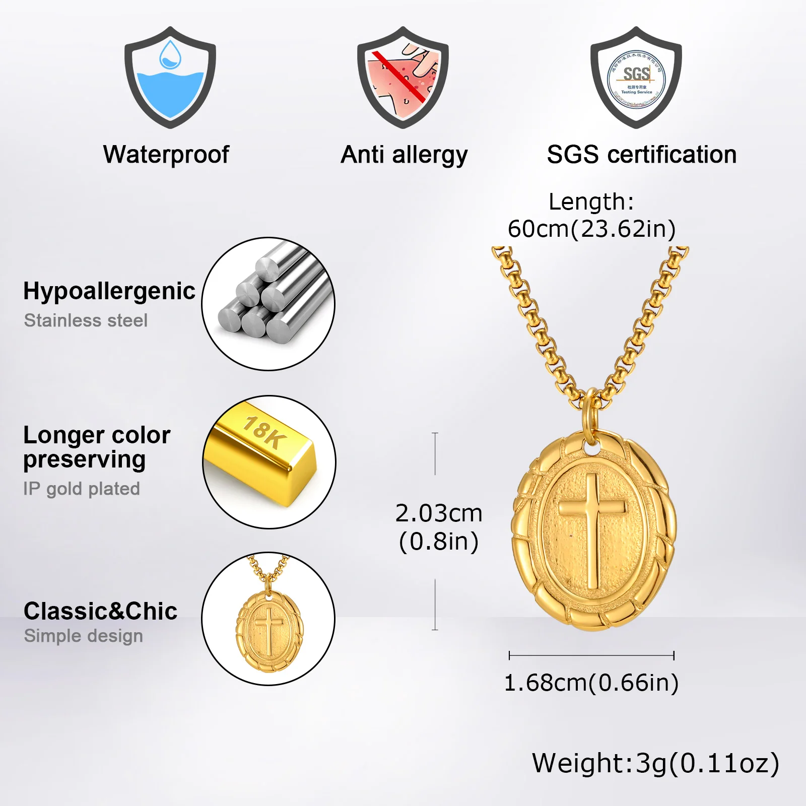 Vnox Oval Double Sided Cross Pendant Necklace for Men, Stainless