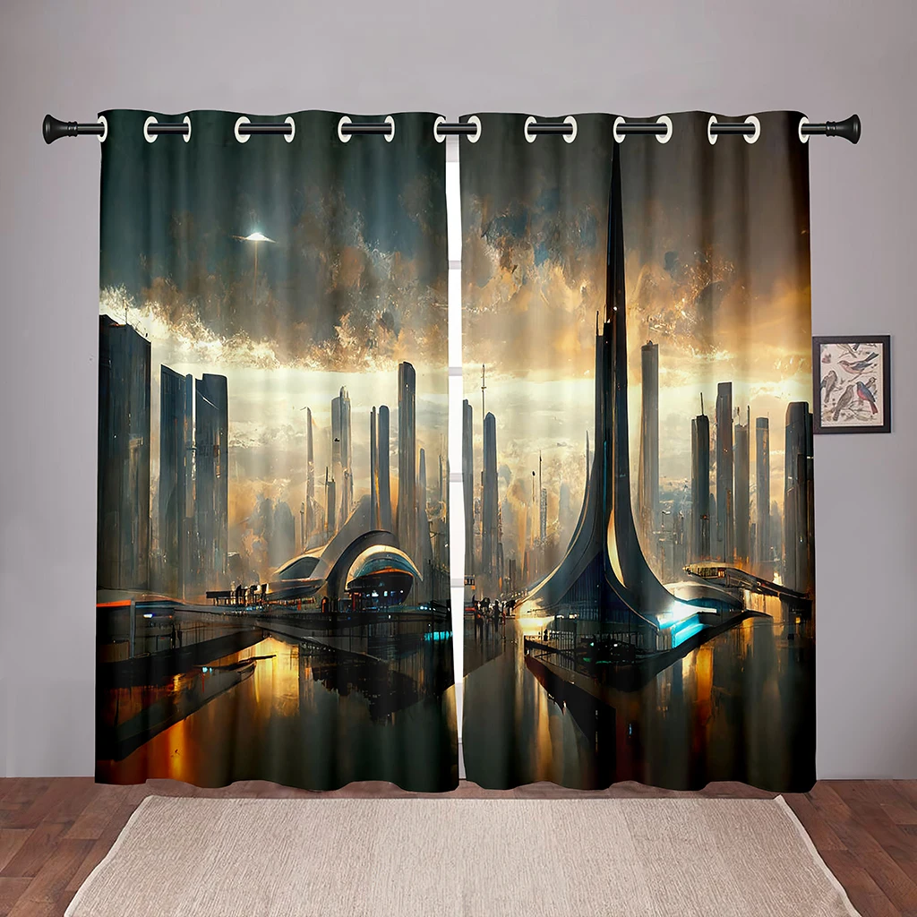 

Future City Technology ArchitectureBlackout Window Curtain for Kids Living Room Bedroom Bathroom Kicthen Door Cupboard Home Hook