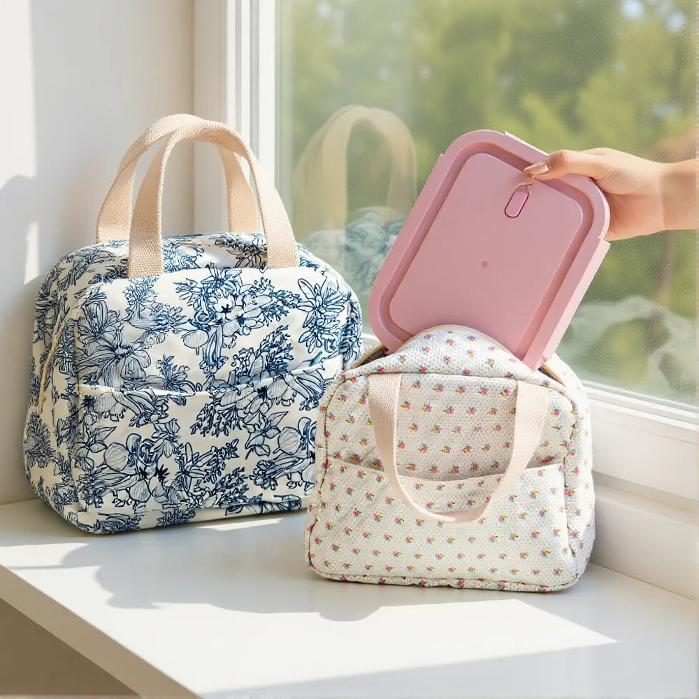 

Floral Printed Thermal Insulation Lunch Bag Hand-Held Cooler Bag Large Capacity Lunch Box Bag Women Travel Picnic Camping Bag