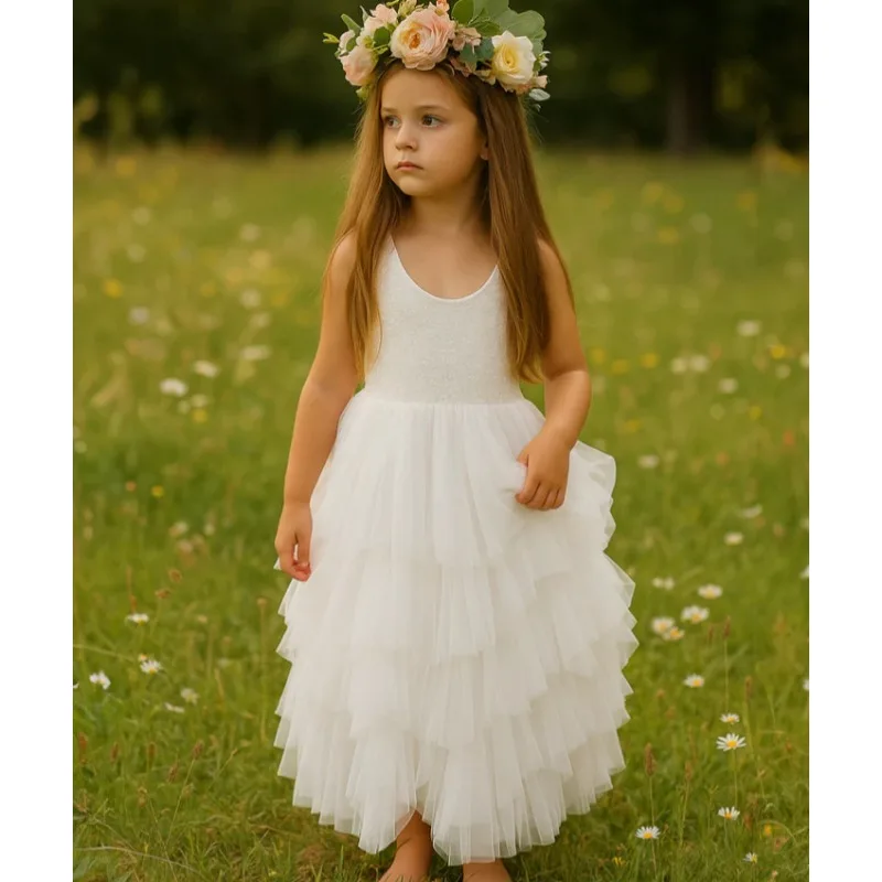New Summer Kids Girl Princess Dress Sleeveless Lace Open Back Ruffle Tulle Tutu Children Wedding Party Formal Dresses A0001-1 image 6