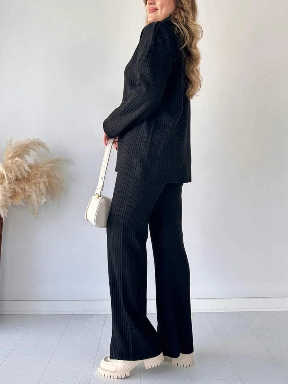 Ribbed Texture Zipper Closure Set Full Length Streetwear with Long Pants Regular Sleeve High Neck for Women Spring Autumn Winter