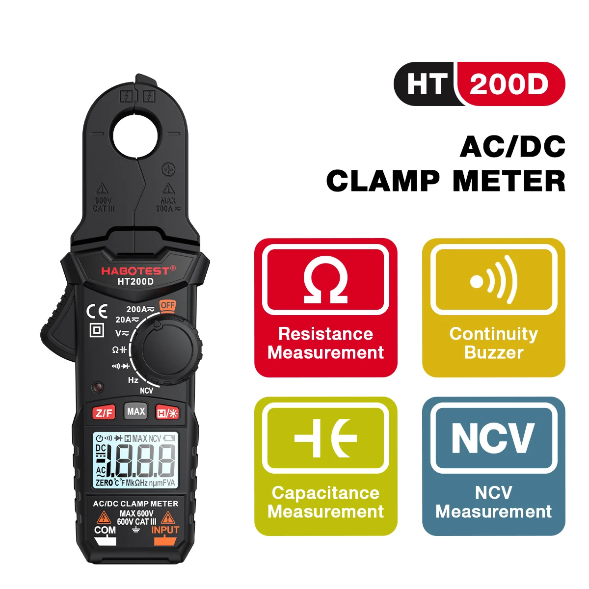 HABOTEST HT200D Digital Clamp Meter 2000 Counts True RMS NCV 600V Voltage 200A DC/AC Current Multimeter Clamp Current Meter