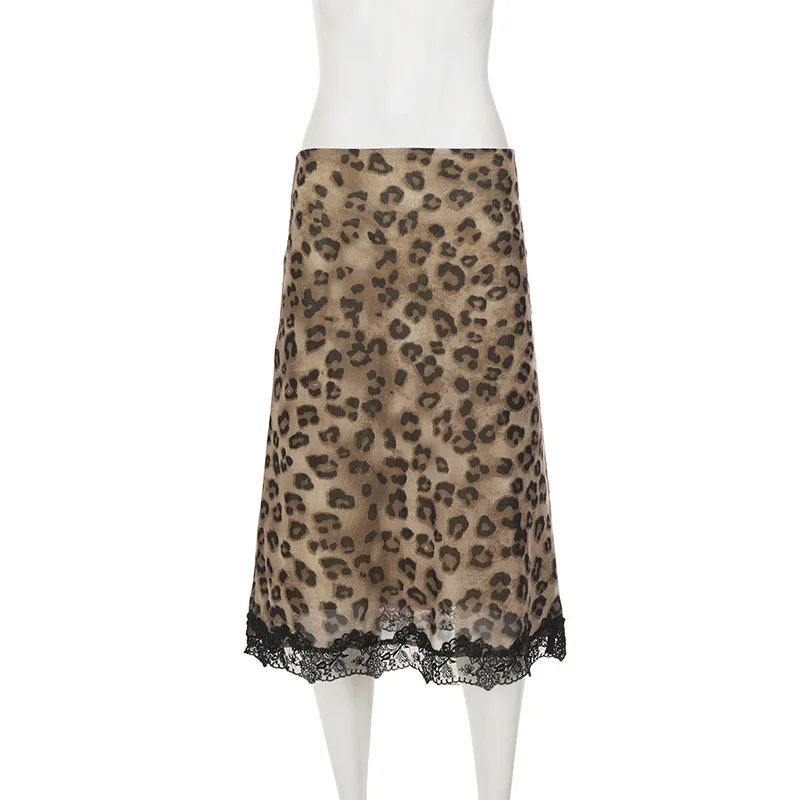 Sexy Women's Lace Patchwork Slim Skirts Summer Leopard Print Midi Skirts Fashion New Vintage Vacation Clubwear Y2K Skirt view 6