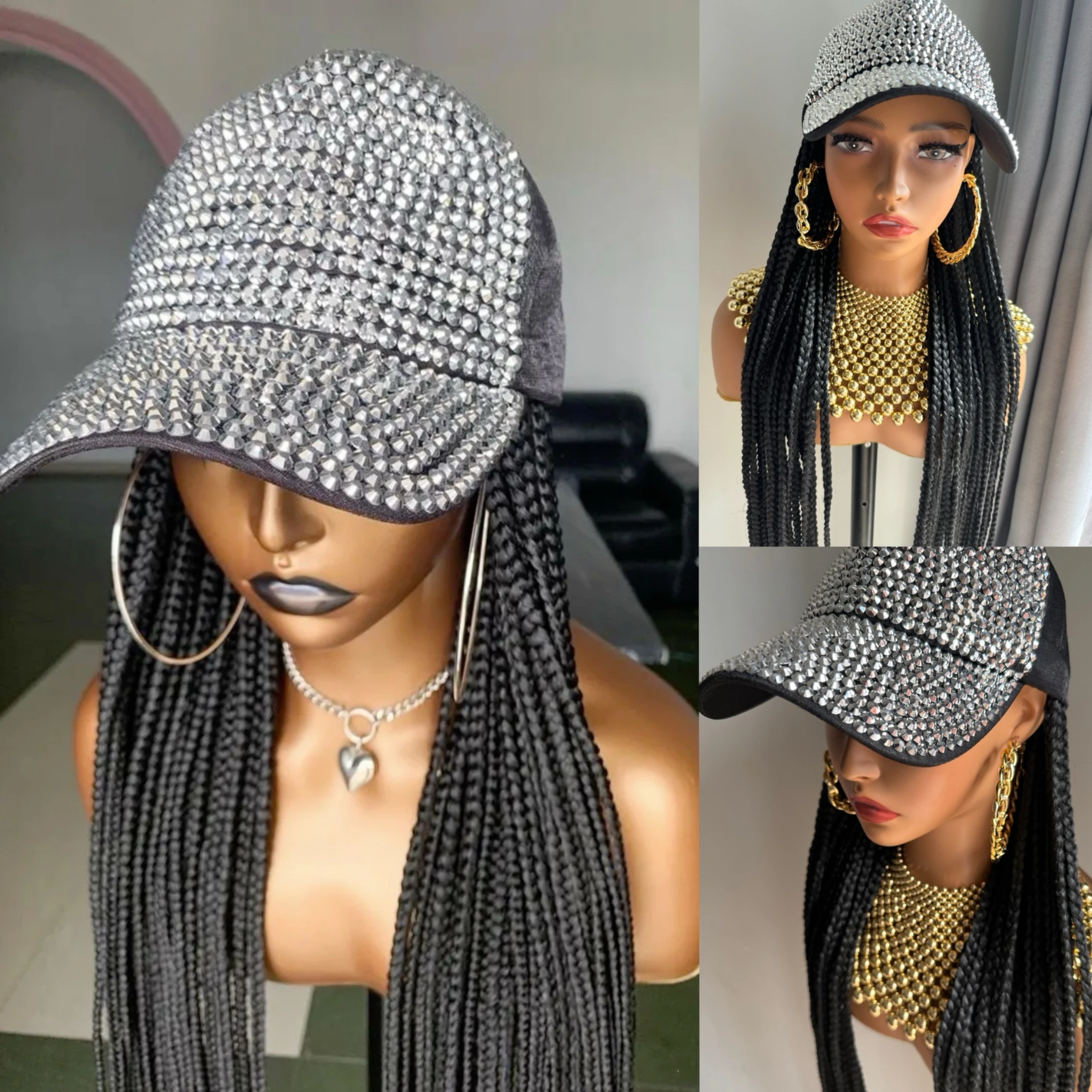 

WIGERA Extra long 36Inch Black Box Braided Synthetic Wigs With Rhinestone Decor Adjustable Hat Cap Braiding Hair Extensions Wigs