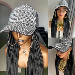 WIGERA Extra long 36Inch Black Box Braided Synthetic Wigs With Rhinestone Decor Adjustable Hat Cap Braiding Hair Extensions Wigs