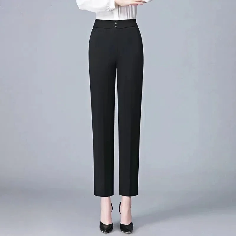 Spring Autumn Women's Solid Color Button Elastic High Waist Pockets Casual Trousers Straight Trouser Suits Comfortable Pants