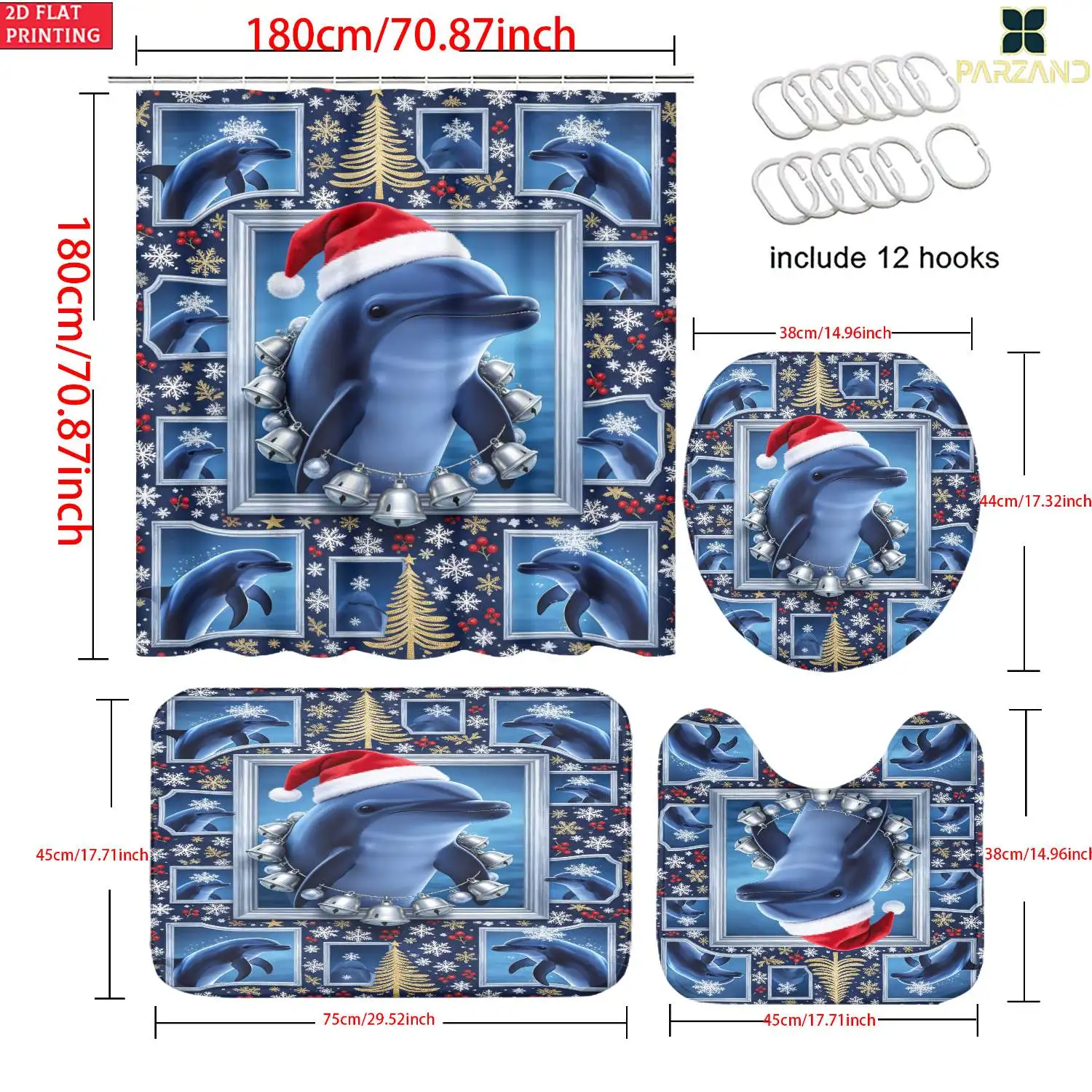 4pc 2D Flat Christmas Shower Curtain Set, Dolphin with Santa Hat Print, 3Pcs Matching Mats, Home & Hotel Bathroom Decor