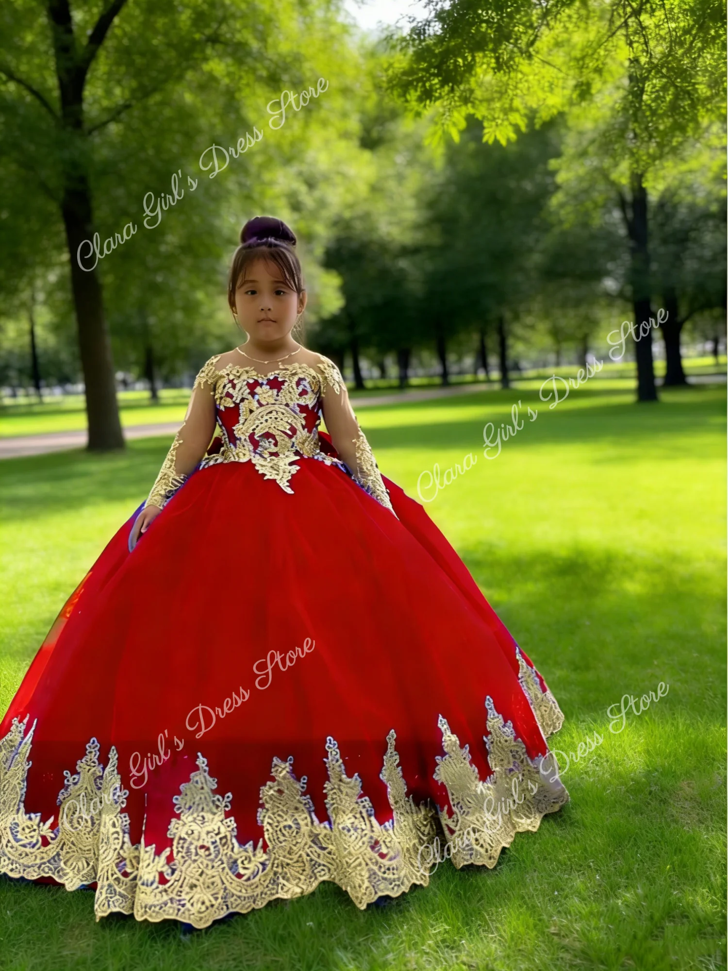 Gouden appliqué koningsblauwe bloemenmeisjesjurk met lange mouwen en strik Geschikt voor schoonheidswedstrijden, bruiloften, eerste communie