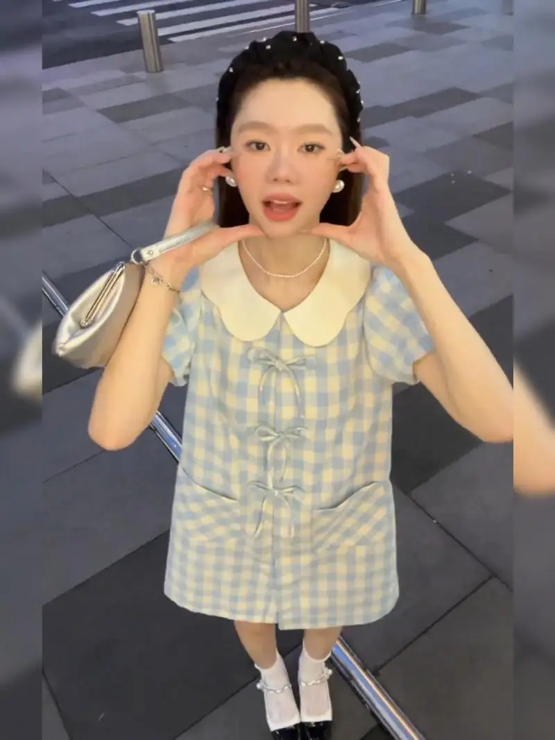 

Summer Korean Fashion Sweet Doll Collar Bow Loose A-line Midi Dress Pocket Design Bubble Sleeves Blue Plaid Dress for Women
