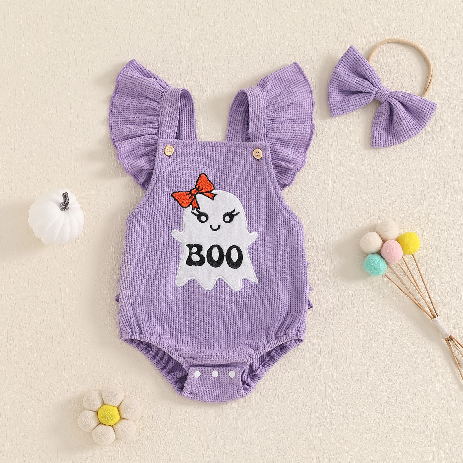 

BeQeuewll Flying Sleeve Newborn Baby Girls Bodysuit Cute Infant Outfits Embroidery Ghost Romper with Hairband Halloween Clothes