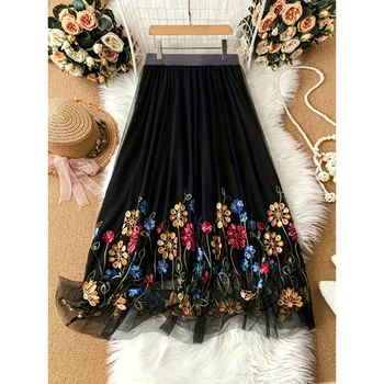 تنورة نسائية أنيقة بطبعة زهور مقاس كبير، 95% بوليستر 5% إيلاستين، متوسطة التمدد، قماش منسوج، 120 جرامًا للمتر المربع،