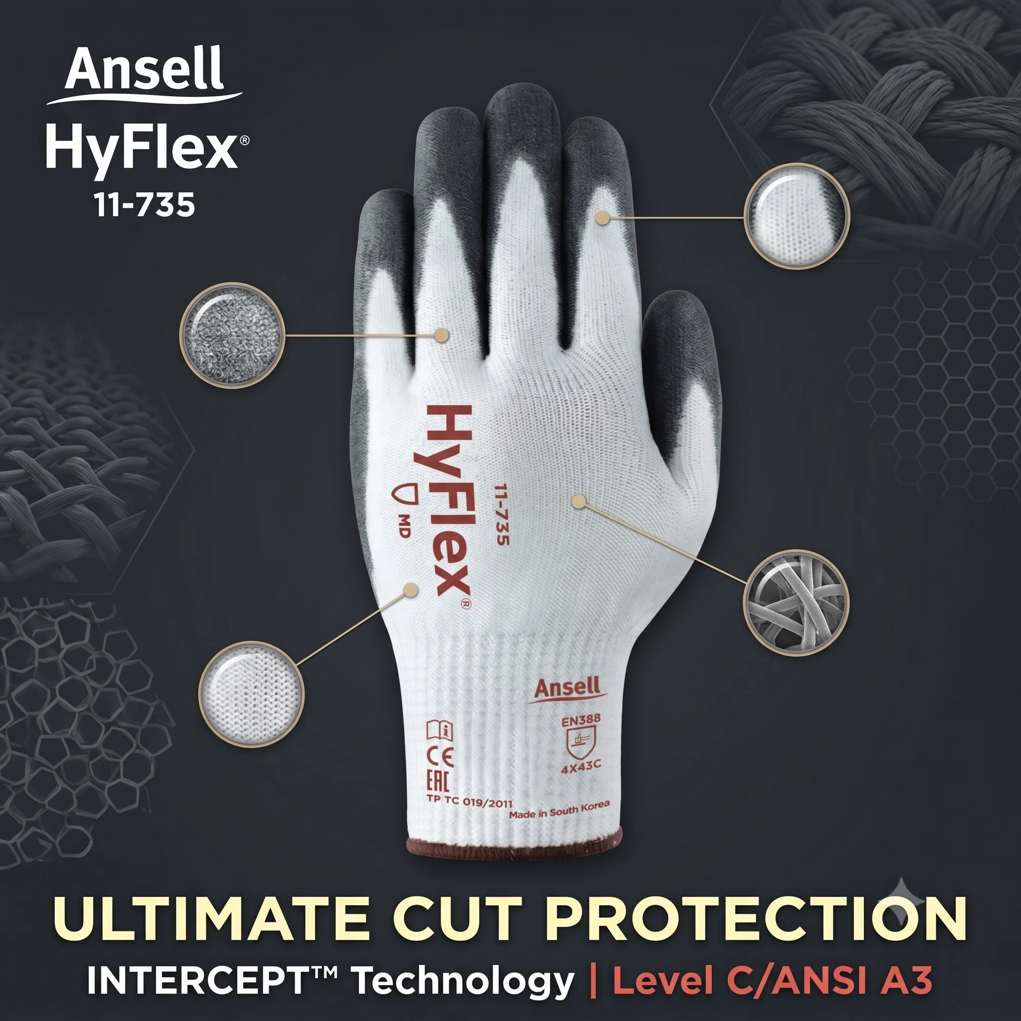 Ansell HyFlex 11-735 Anti Cut Safety Gloves Polyurethane Palm Coated Industrial Metal Glass Handling Protective Working Gloves