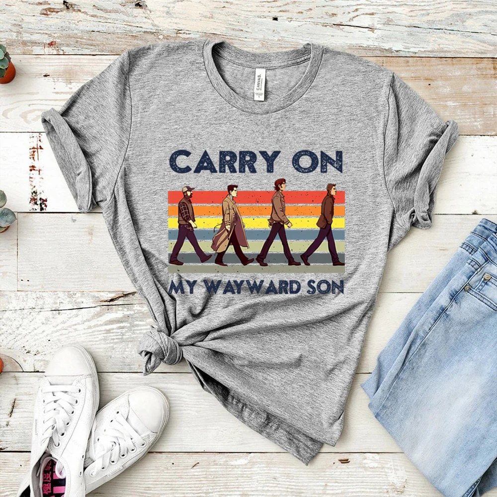 Supernatural Carry on My Wayward Son Vintage T-Shirt Sam and Dean Winchester Brothrs Shirt Trendy Abbey Road Winchester 2026 Top