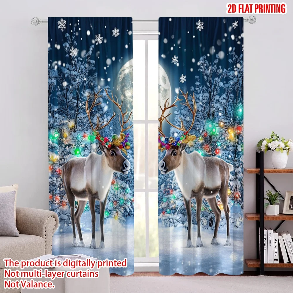

2pcs 2D flat printing Merry Christmas Popular Window Curtains elk14 Polyester Without Electricity Spring Use for Multipurpose