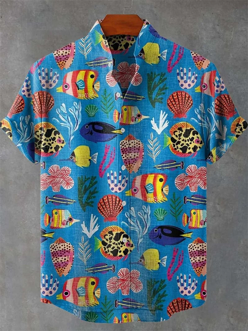 

Мужская рубашка Удобная льняная рубашка с коротким рукавом Мужская рубашка Повседневная рубашка в геометрическую полоску с цветочным узором