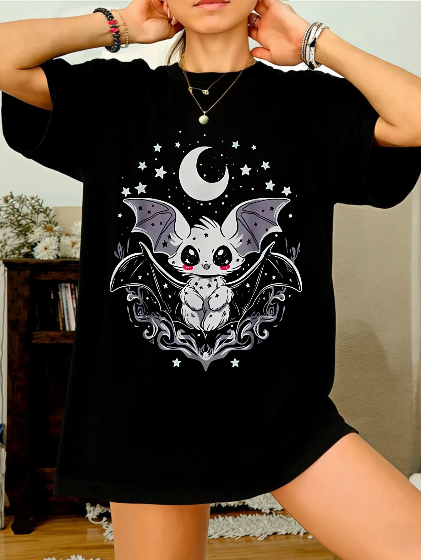 

Womens Cute Graphic Bat Moon Star Print Oversized Cotton Short Sleeve Casual Everyday T Shirt Gift for Her
