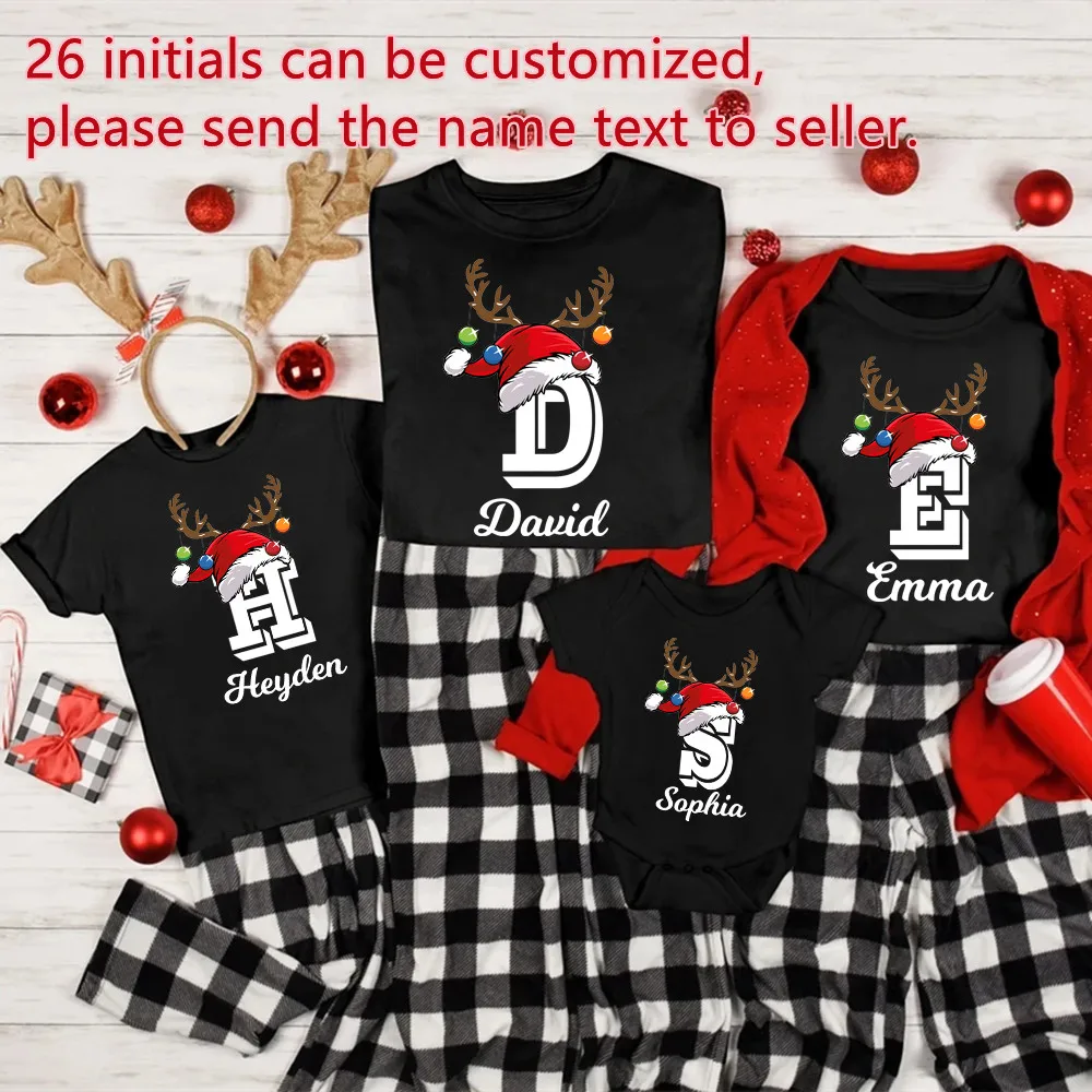 Personalised Christmas Family Matching Shirts Custom Initial with Name Mom Dad Kids Tshirt Baby Outfits Holiday Girl Boy Clothes