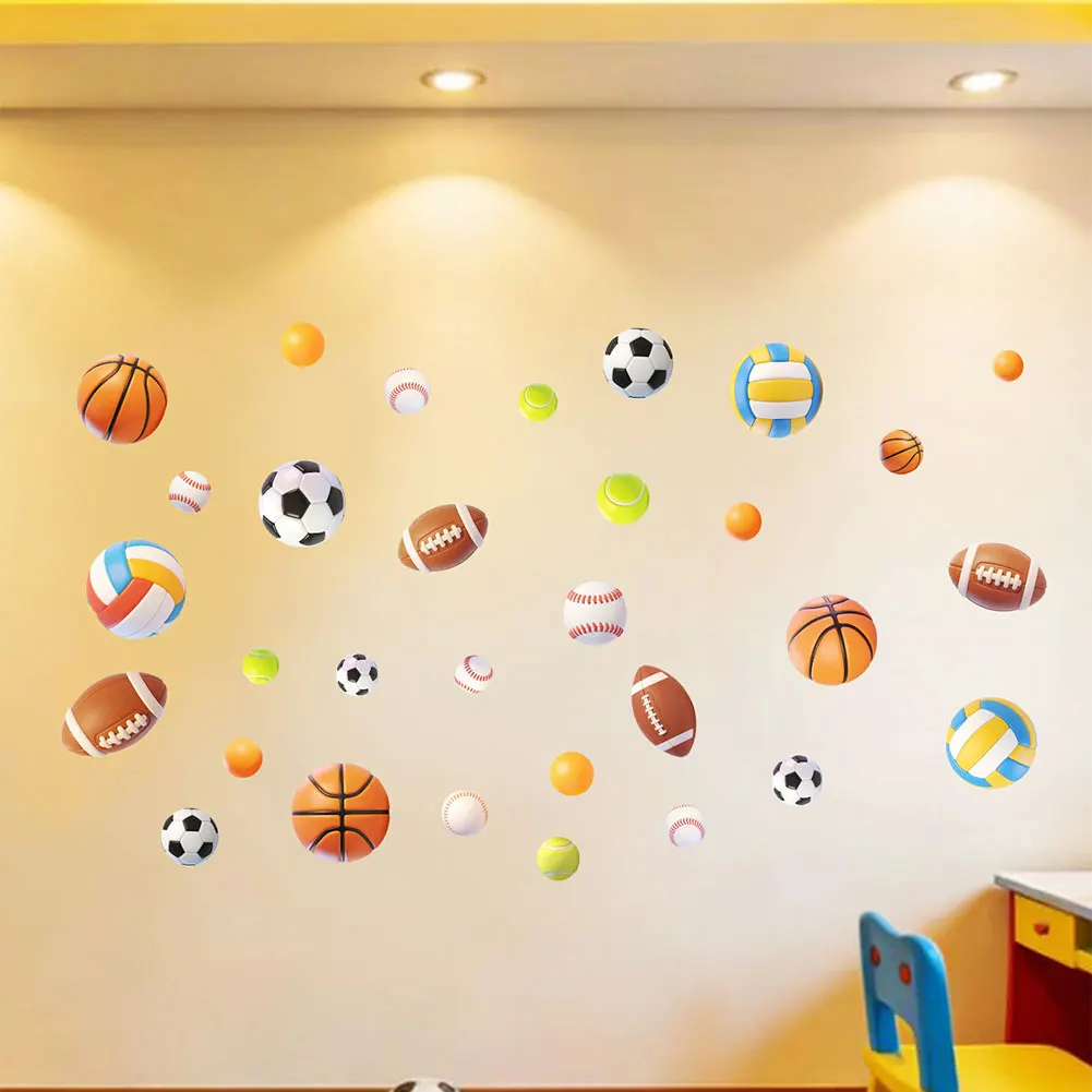 Four Basketball and Football PVC Wall Stickers for Room Bedroom Playroom Living Space and Preschool Learning Environment