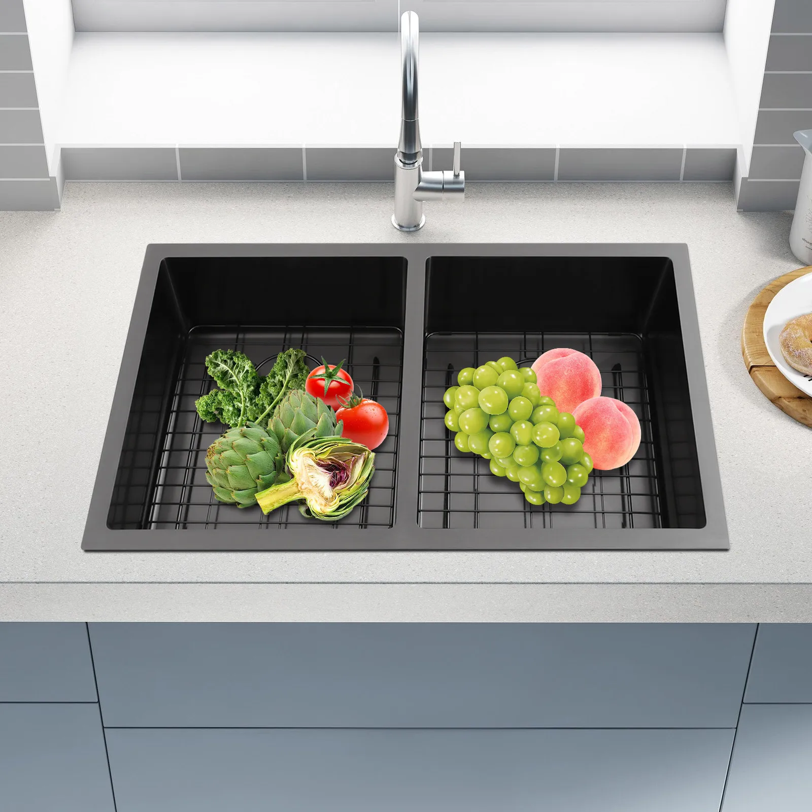 

Double Groove Sink 31x18 Inches Double Bowl Sink, Kitchen Sink, Sink with Grid and Drainer for Kitchens,Homes,Backyards, Garages