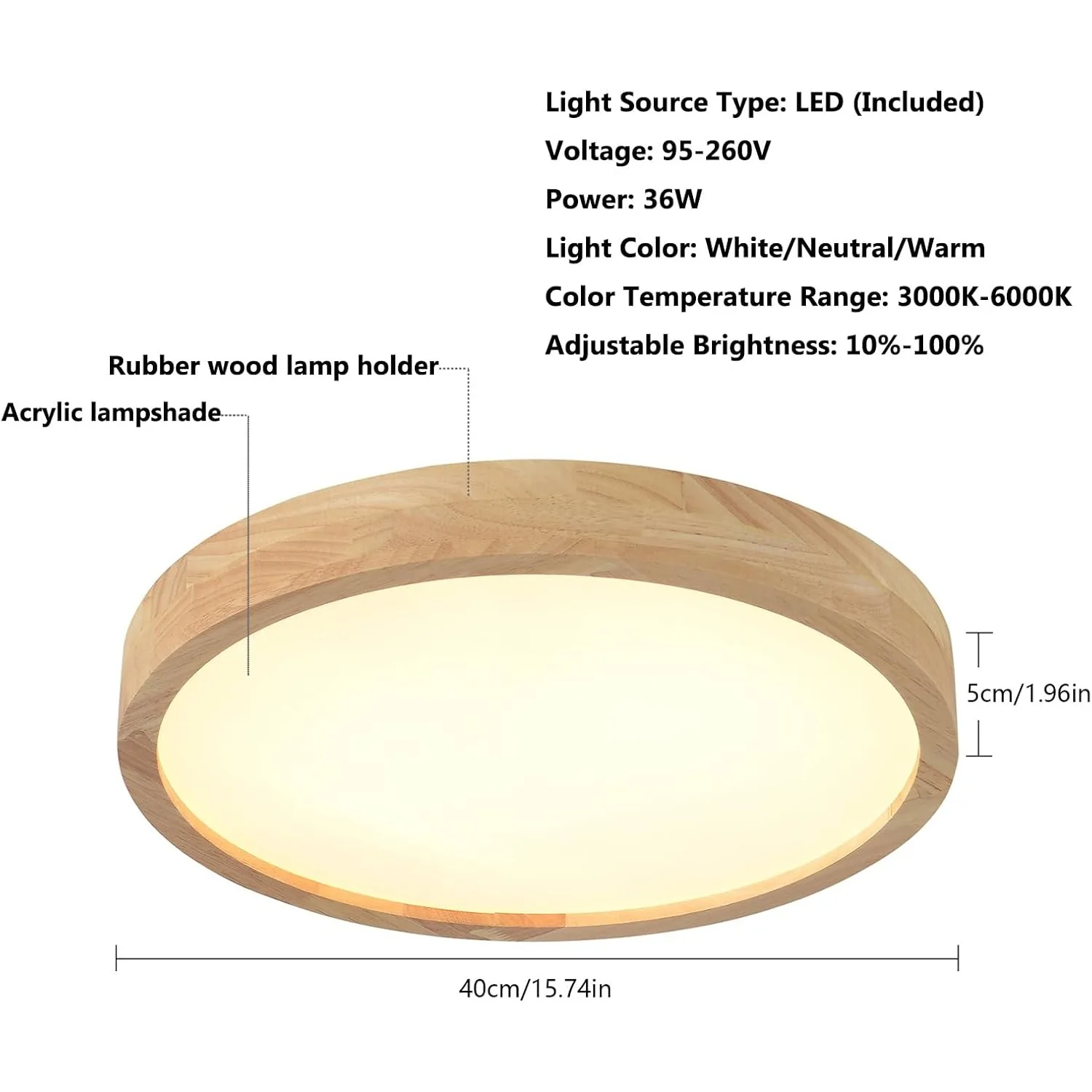 15.7 Inch Modern Wood Led Ceiling Light Fixture, 3000K-6000K Dimmable Round Flush Mount Lighting Fixtures, for Living Room