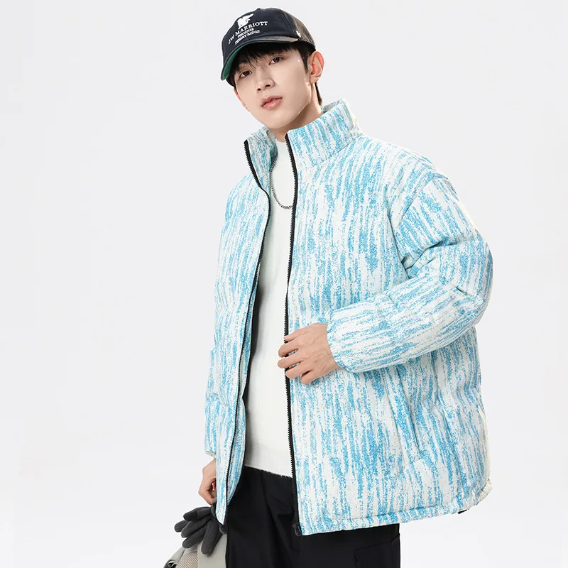 Men Down Coat Winter Fashion Drawing Printed Stand Collar Male Outerwear Thicken Windproof Long Sleeve Outdoor Daily Man Jacket