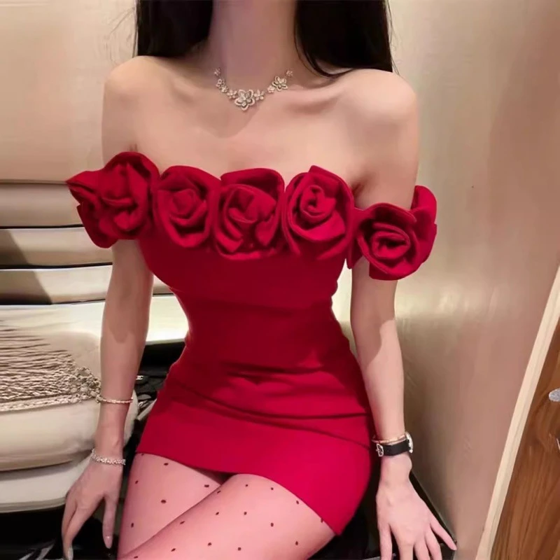 Summer New Arrival Pure Hand-Sewed Rose Dress Shoulder Tight Waist Sexy A- Line Short Dress Red Black Women\'s Clothing Dress