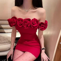 Summer New Arrival Pure Hand-Sewed Rose Dress Shoulder Tight Waist Sexy A- Line Short Dress Red Black Women's Clothing Dress