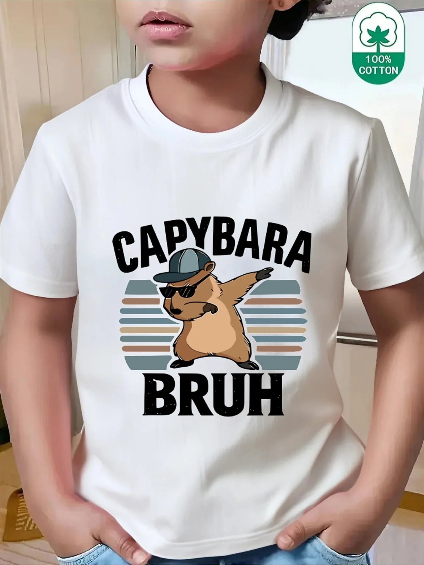 Capybara Bruh Retro Stripe Graphic Print Family Matching Short Sleeve Tee Boys Girls Kids Cute Animal Casual Summer Tops
