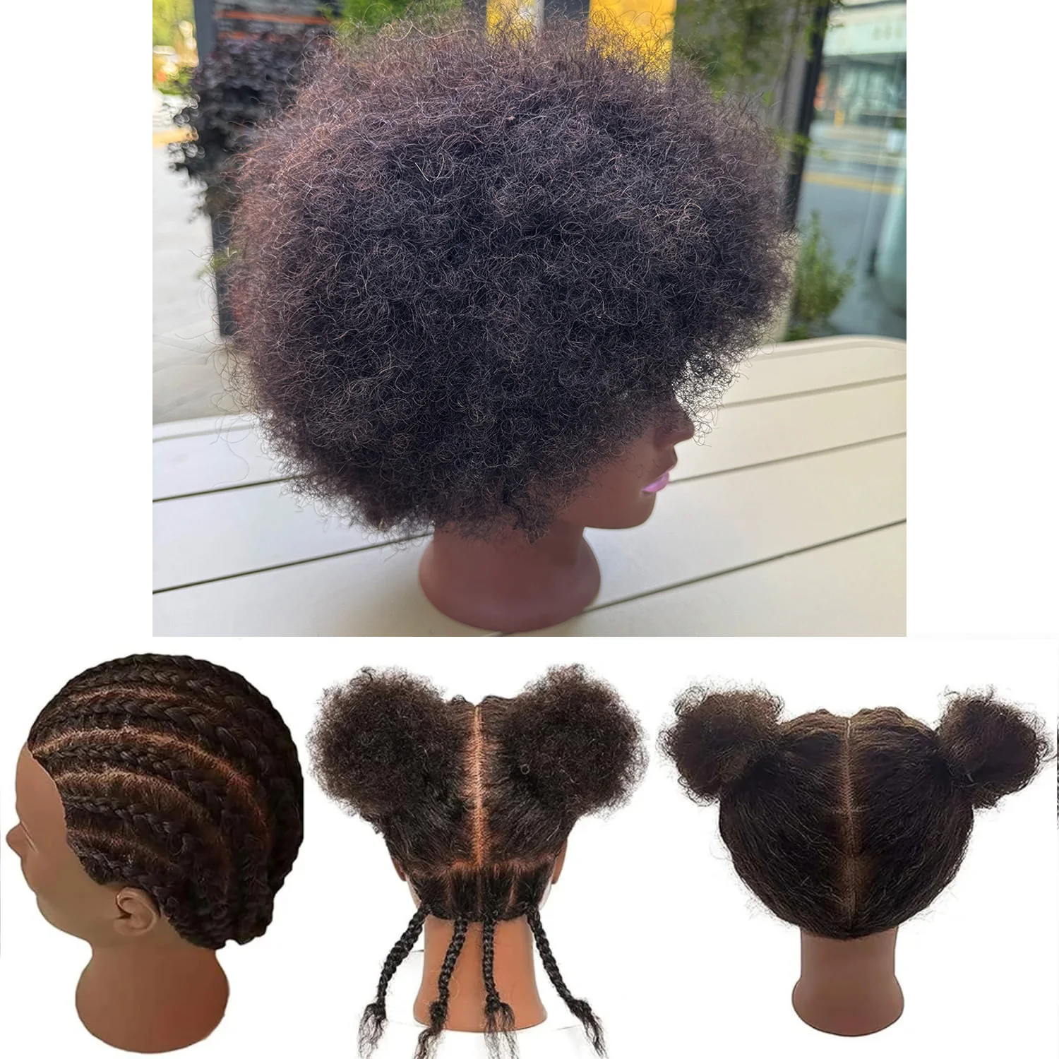 アフリカ人マネキンヘッド、人毛マネキンヘッド、巻き毛美容マネキンヘッド、スタンド付き、スタイリング練習用